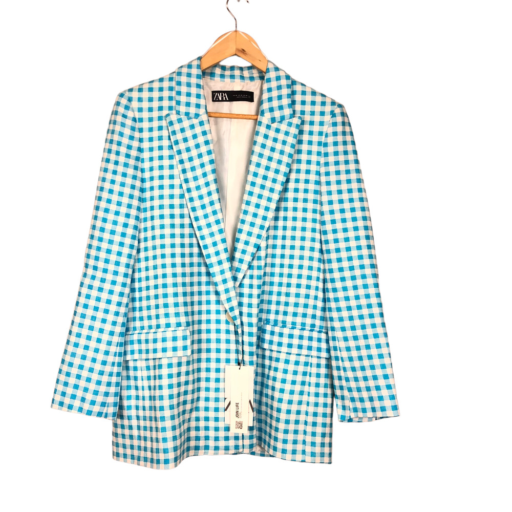 Zara Turquoise and White Gingham Blazer